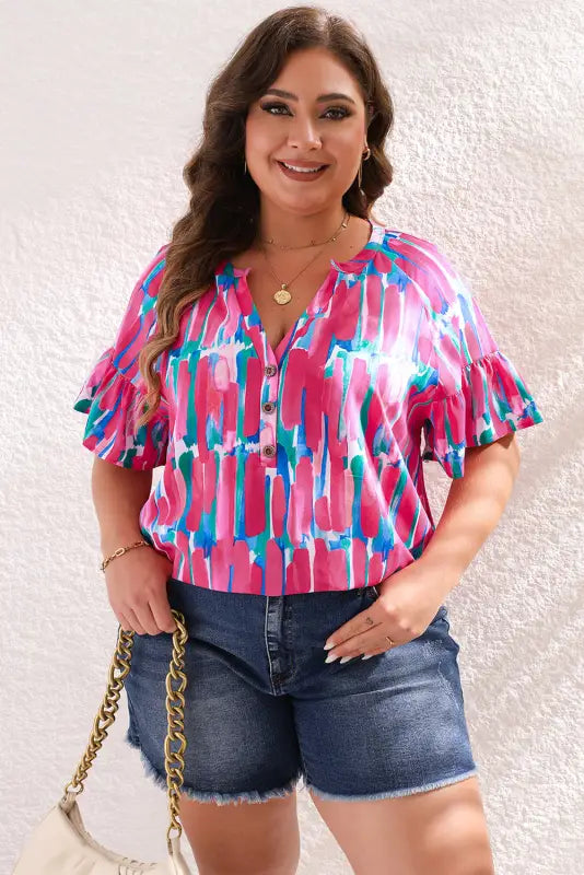 Brushstroke blouse - rose plus ruffle sleeve button v neck - size/plus size tops/plus blouses & shirts