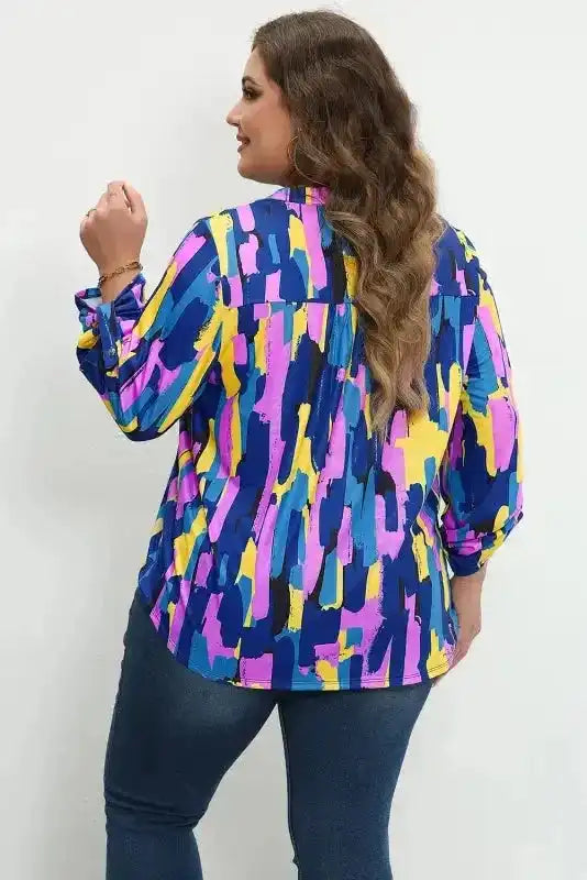 Brushstroke Print Blouse - Blue Plus Size - Fashionfitz