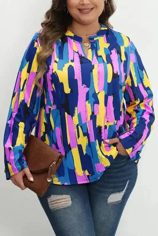 Brushstroke Print Blouse - Blue Plus Size - Fashionfitz