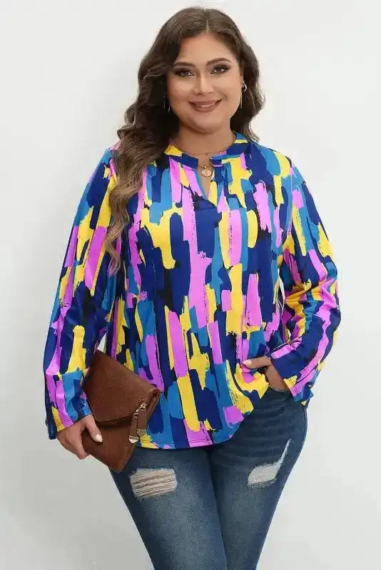 Brushstroke Print Blouse - Blue Plus Size - Fashionfitz