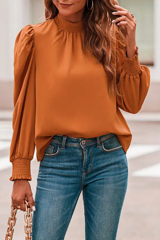 Bubble sleeve mock neck chiffon blouse - blouses