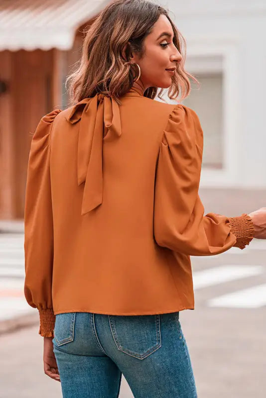 Bubble sleeve mock neck chiffon blouse - blouses