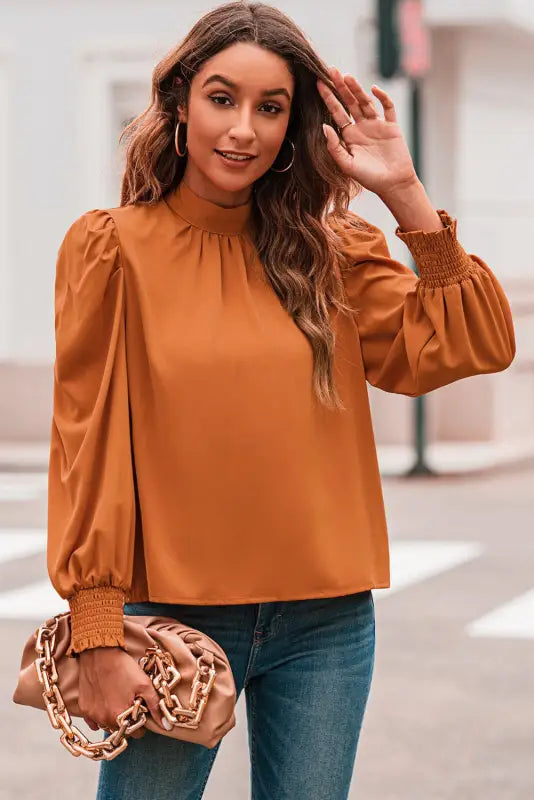 Bubble sleeve mock neck chiffon blouse - blouses