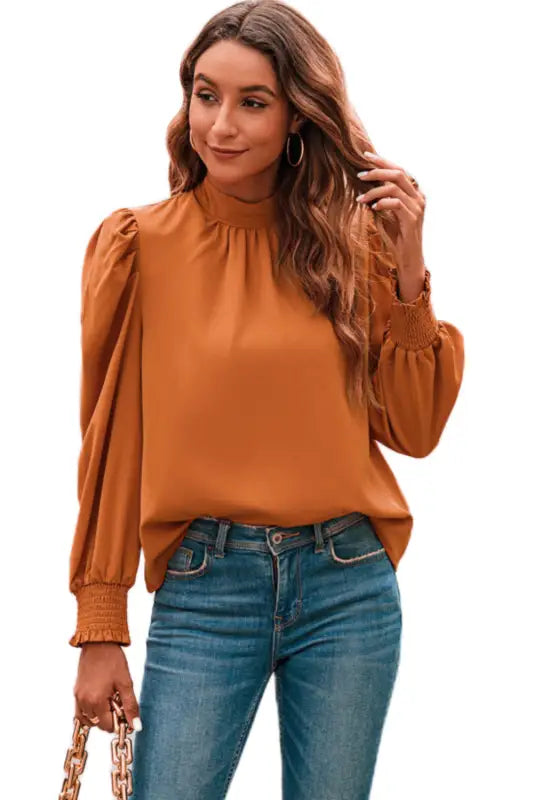 Bubble sleeve mock neck chiffon blouse - blouses