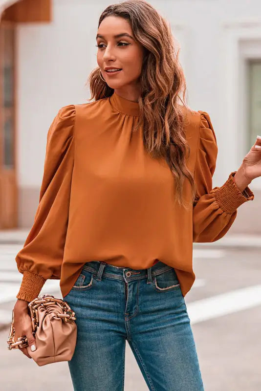 Bubble sleeve mock neck chiffon blouse - blouses