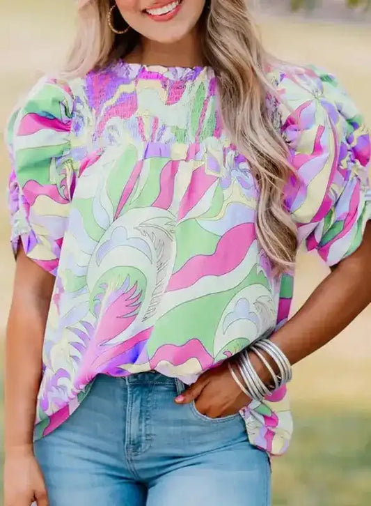 Bubble Sleeve Smock Blouse - Fashionfitz