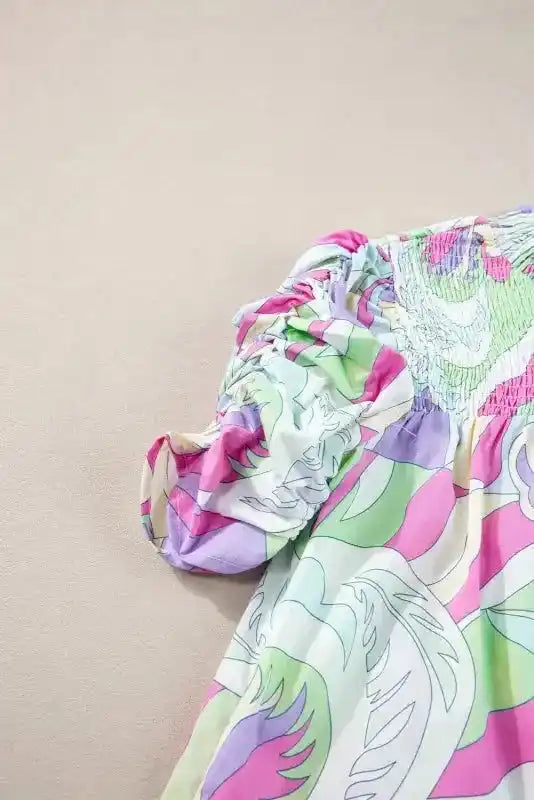 Green abstract print Bubble Sleeve Cotton Blouse Women UK styled as a summer casual outfit — Fashionfitz