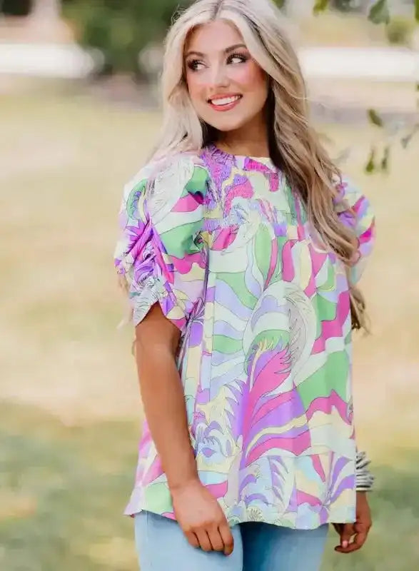 Back view of Abstract Print Bubble Sleeve Cotton Blouse showing loose shift silhouette — Fashionfitz