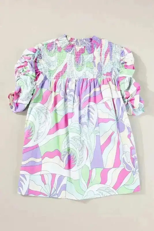 Close-up of Abstract Print Bubble Sleeve Blouse showing smocked neckline and ruched detail on 100% cotton fabric — Fashionfitz