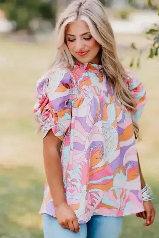 Bubble Sleeve Smock Blouse - Fashionfitz