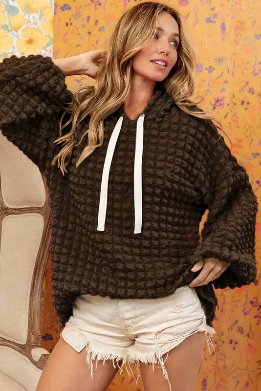 Bubble textured waffle hoodie - dark brown - hoodies