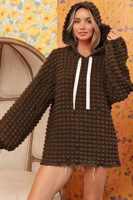 Bubble textured waffle hoodie - dark brown - hoodies