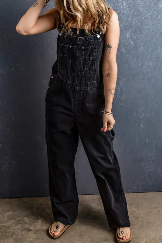 Black adjustable buckle straps denim overalls - s / 65% cotton + 33% polyester + 2% elastane - bottoms/jumpsuits &