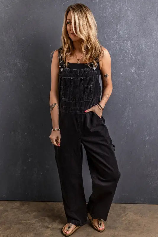 Black adjustable buckle straps denim overalls - bottoms/jumpsuits & rompers