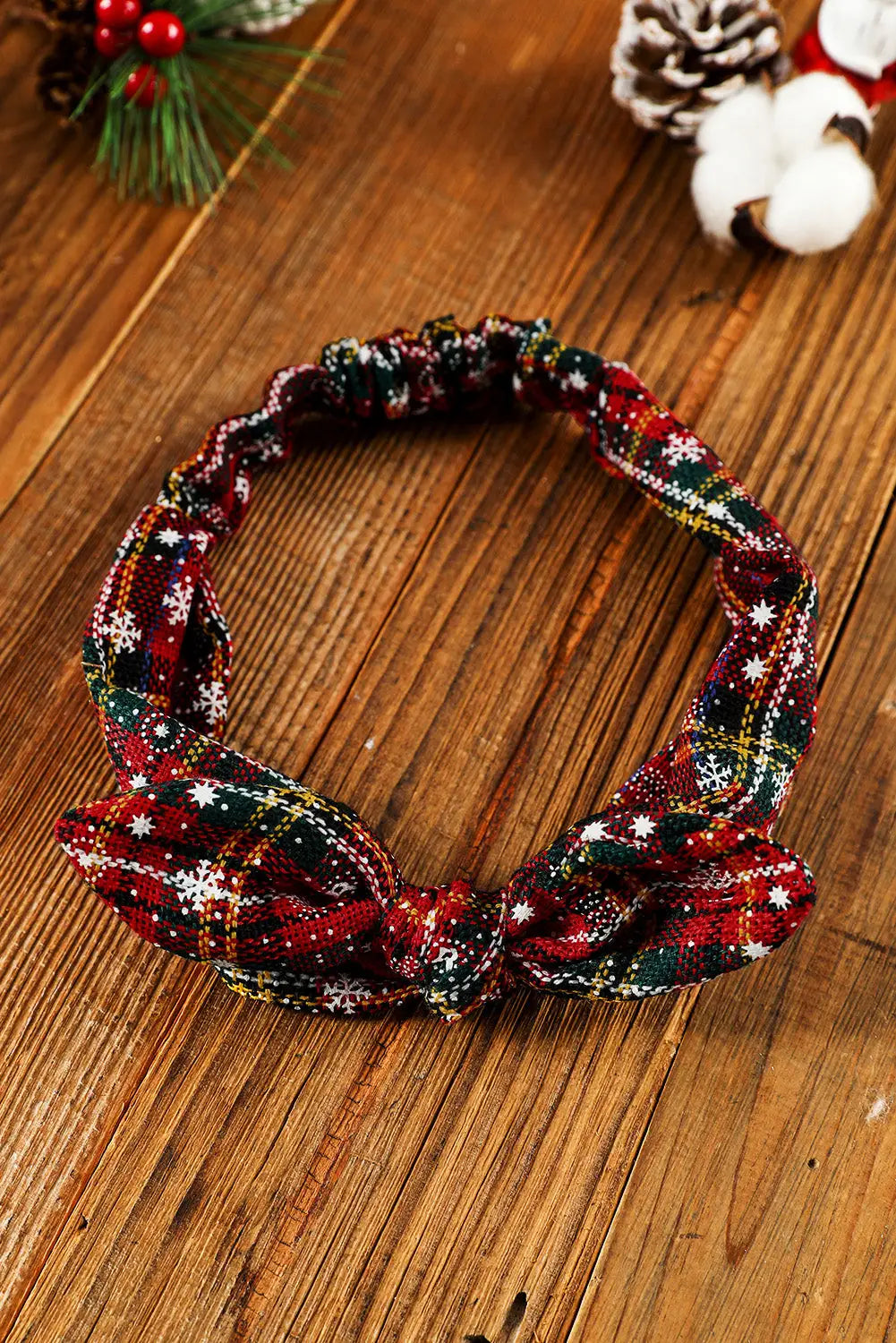 Burgundy christmas plaid snowflake print bow hair tie - one size / 100% polyester - ties