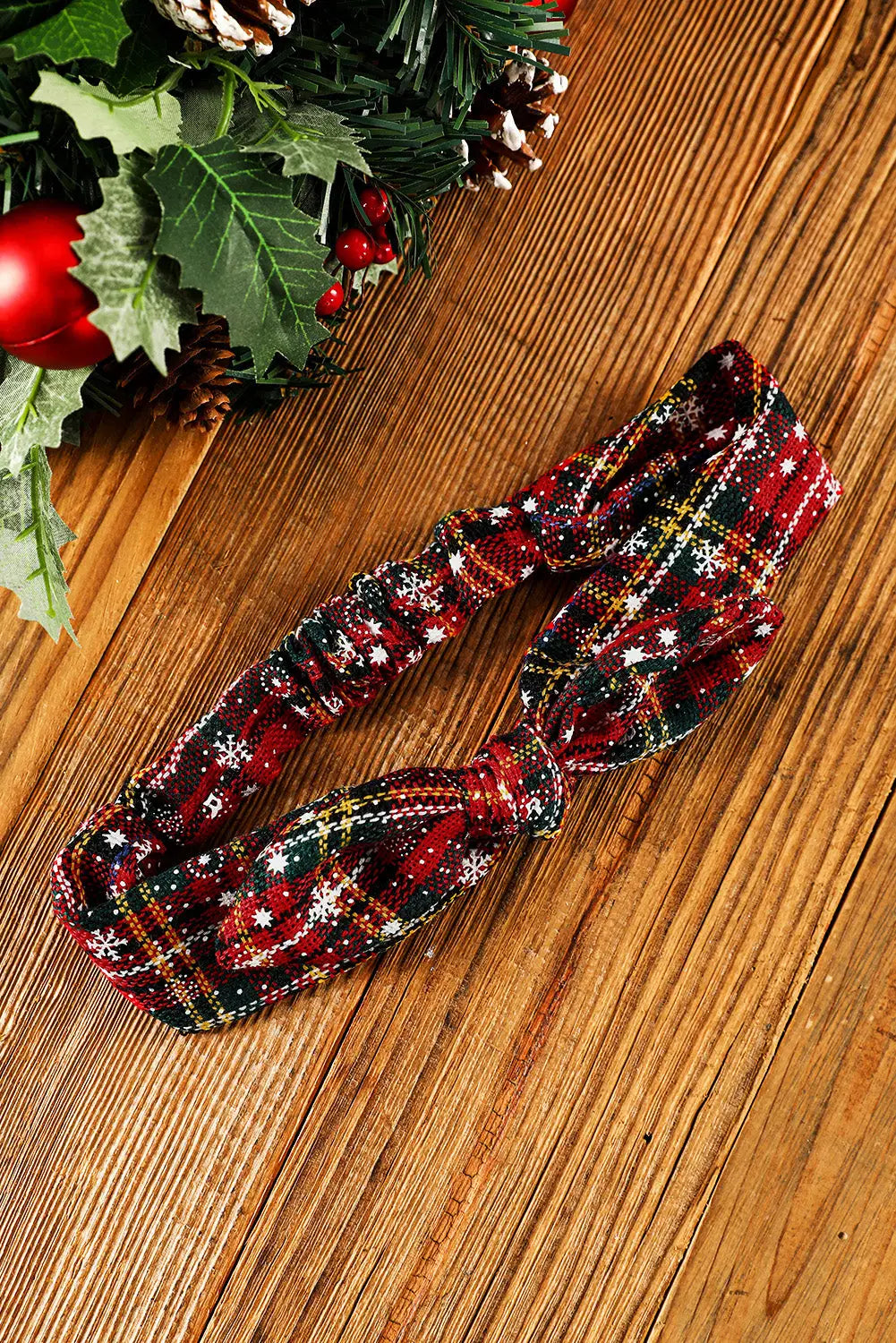 Burgundy christmas plaid snowflake print bow hair tie - one size / 100% polyester - ties