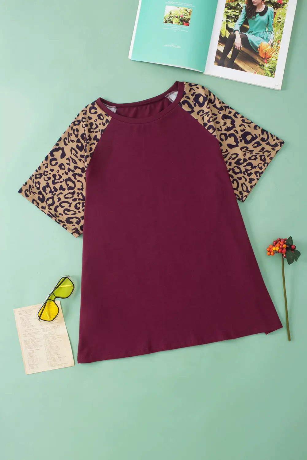 Burgundy contrast leopard raglan sleeve plus size t-shirt