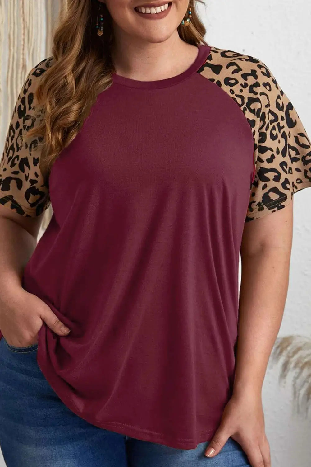 Burgundy contrast leopard raglan sleeve plus size t-shirt - 1x / 62% polyester + 32% cotton + 6% elastane
