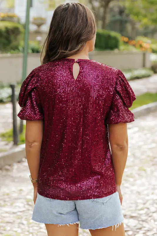 Burgundy glittering sequin short bubble sleeve blouse - tops