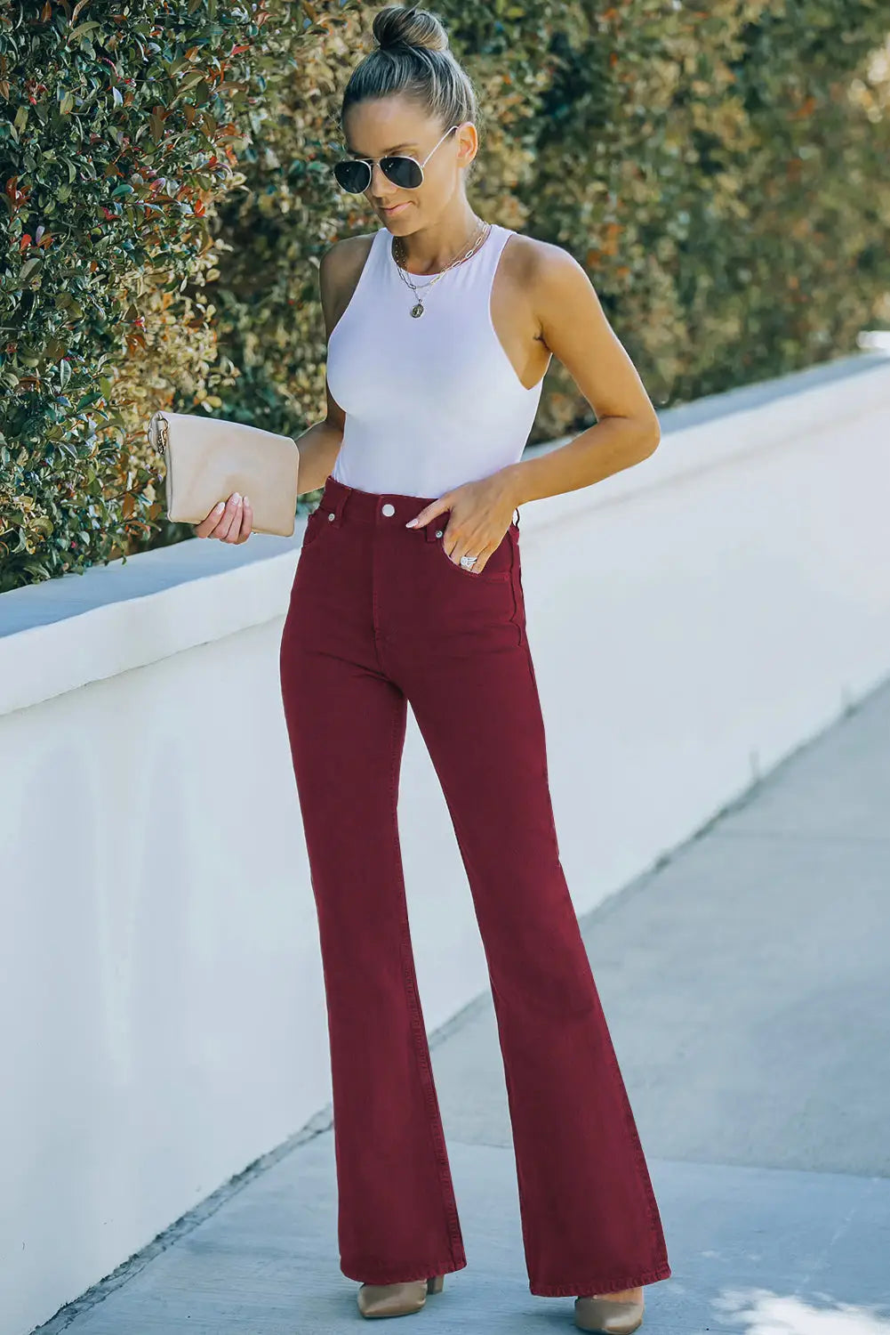 Burgundy high waist flare jeans with pockets - red / xl