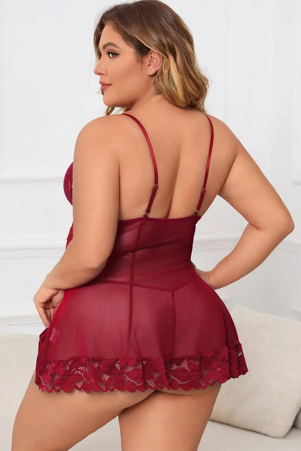 Burgundy plus size lace mesh splicing bow babydoll lingerie