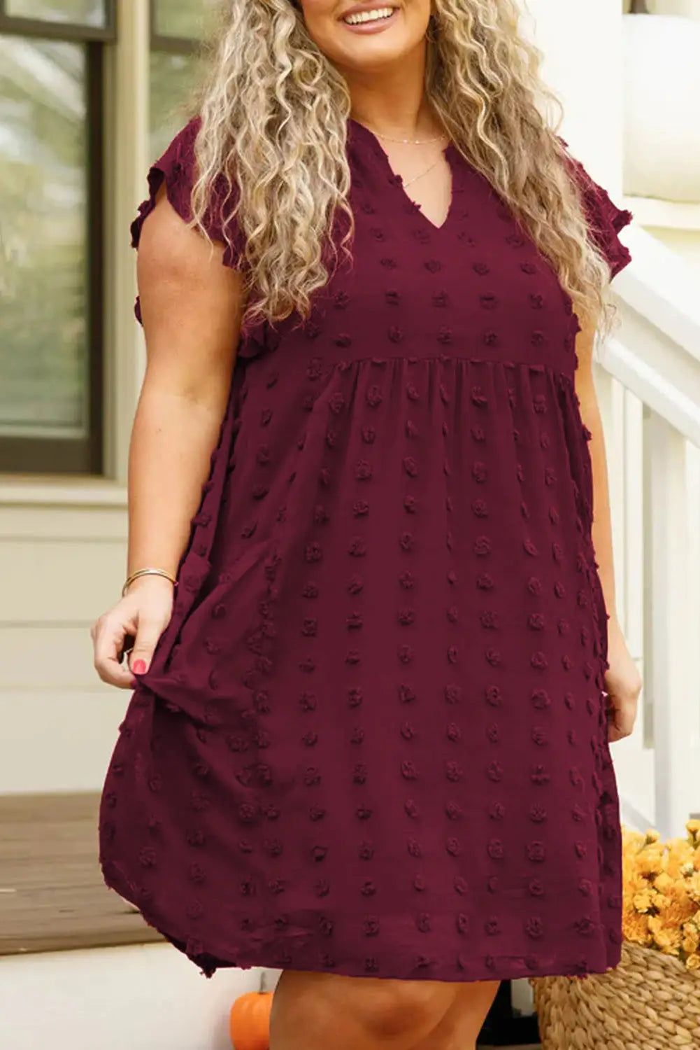 Burgundy plus size swiss dot mini dress - 1x / 100% polyester - size/plus dresses/plus dresses
