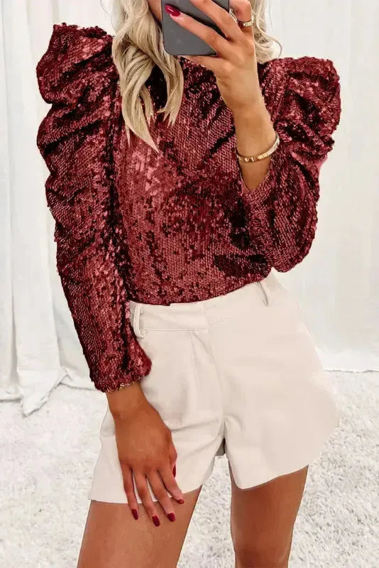 Burgundy Sequin Mock Neck Bubble Sleeve Top - Fashionfitz