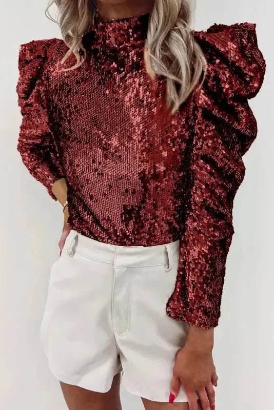 Burgundy Sequin Mock Neck Bubble Sleeve Top - Fashionfitz
