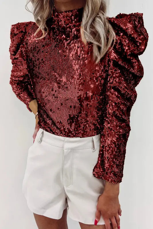 Burgundy sequin mock neck bubble sleeve top - tops