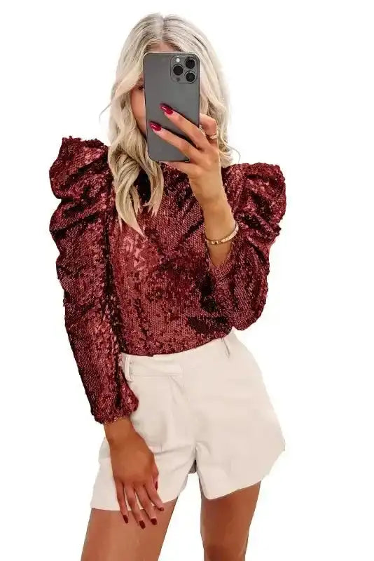Burgundy Sequin Mock Neck Top with long puff sleeves, styled for a Southern Belle-inspired night out ensemble.
