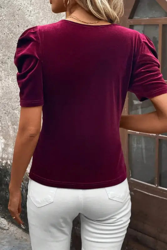 Burgundy short puff sleeve velvet top - tops