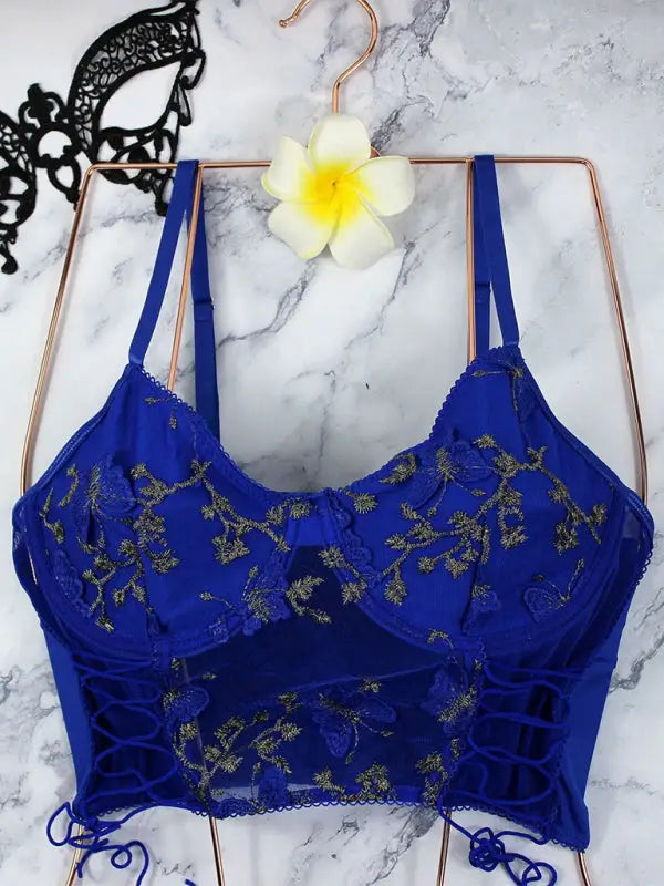 Butterfly embroidered bralette lingerie - royal blue / xs - bralettes