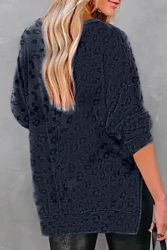Button Split Neck Sweatshirt - Gray Leopard - Fashionfitz