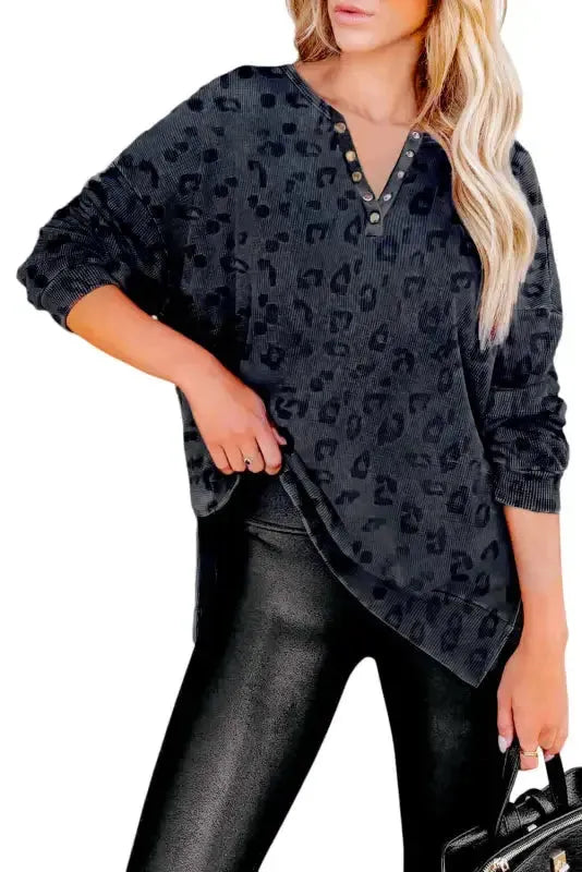 Button Split Neck Sweatshirt - Gray Leopard - Fashionfitz