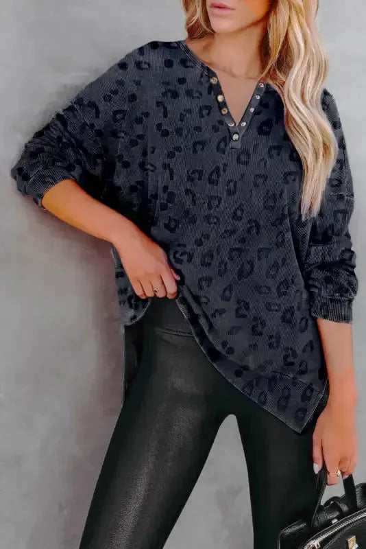 Button Split Neck Sweatshirt - Gray Leopard - Fashionfitz