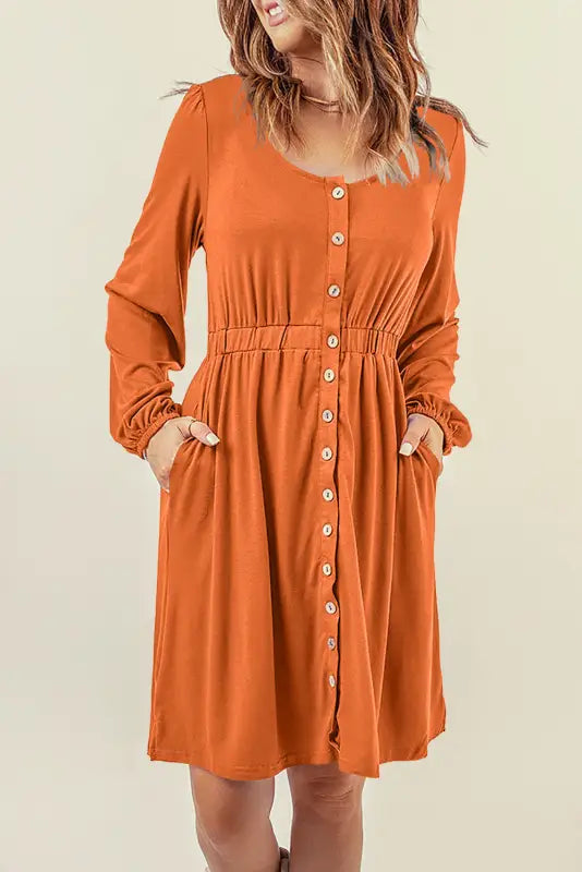 Red button up high waist long sleeve dress - midi dresses