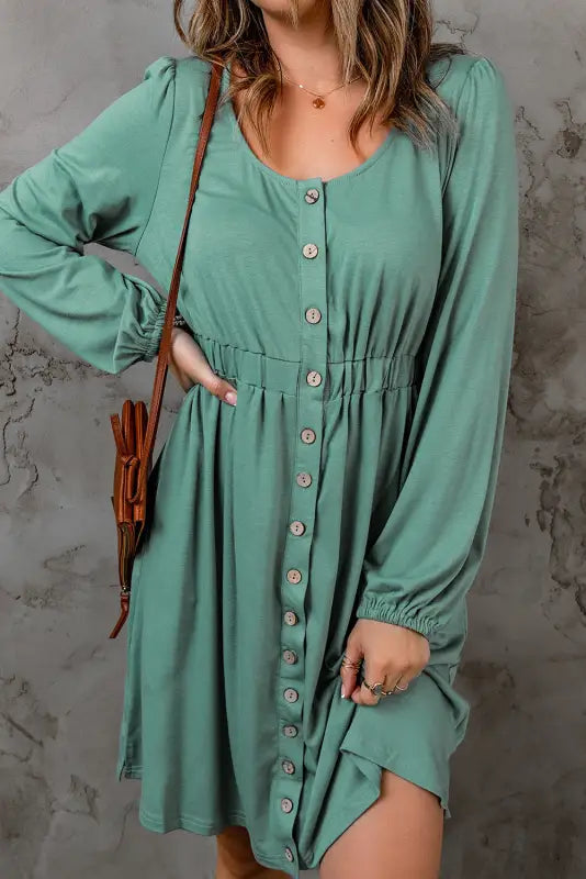 Red button up high waist long sleeve dress - green / s / 95% polyester + 5% elastane - midi dresses