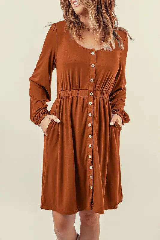 Red button up high waist long sleeve dress - midi dresses