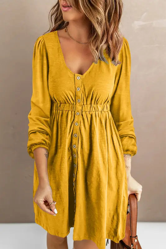 Red button up high waist long sleeve dress - yellow / s / 95% polyester + 5% elastane - midi dresses