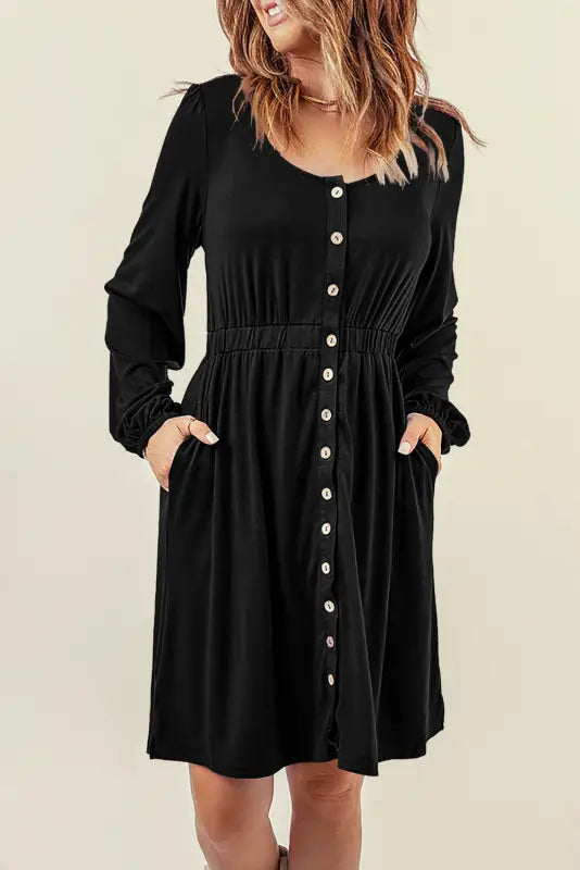 Red button up high waist long sleeve dress - midi dresses