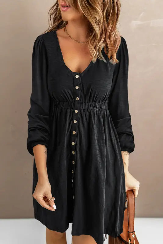 Red button up high waist long sleeve dress - black / s / 95% polyester + 5% elastane - midi dresses