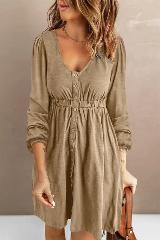 Red button up high waist long sleeve dress - khaki / s / 95% polyester + 5% elastane - midi dresses