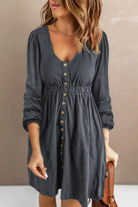 Red button up high waist long sleeve dress - gray / s / 95% polyester + 5% elastane - midi dresses