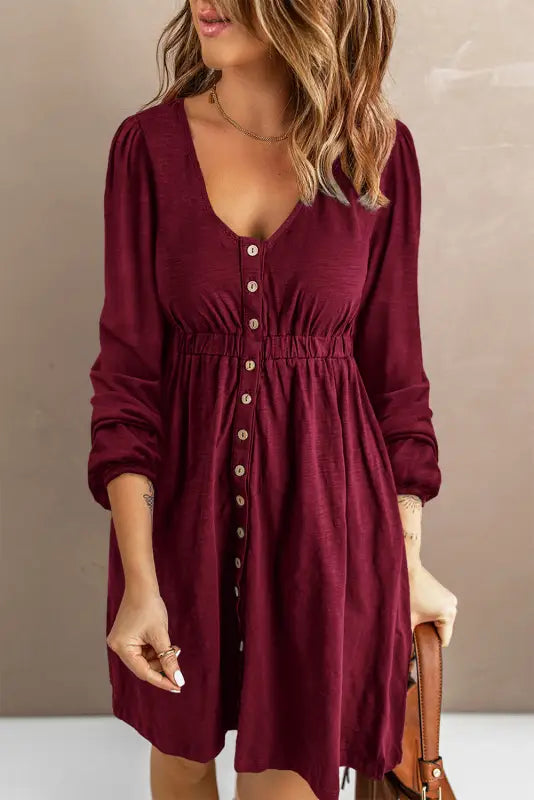 Red button up high waist long sleeve dress - s / 95% polyester + 5% elastane - midi dresses