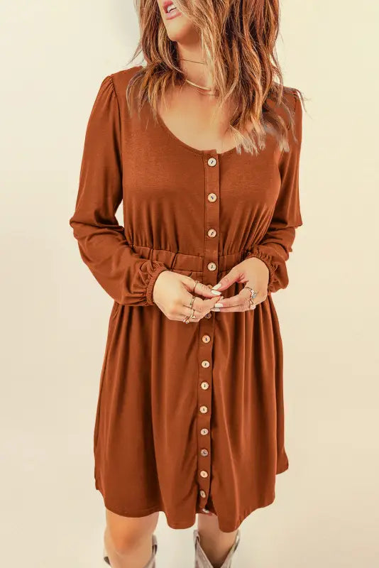 Red button up high waist long sleeve dress - midi dresses