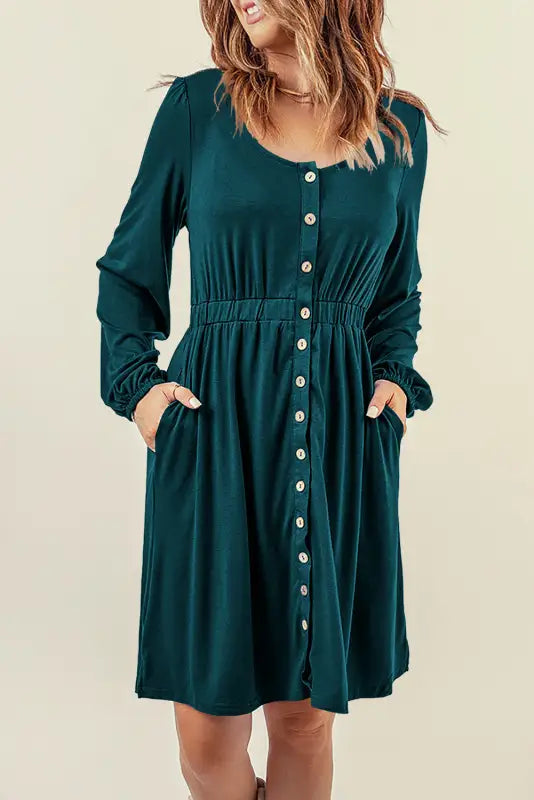 Red button up high waist long sleeve dress - midi dresses