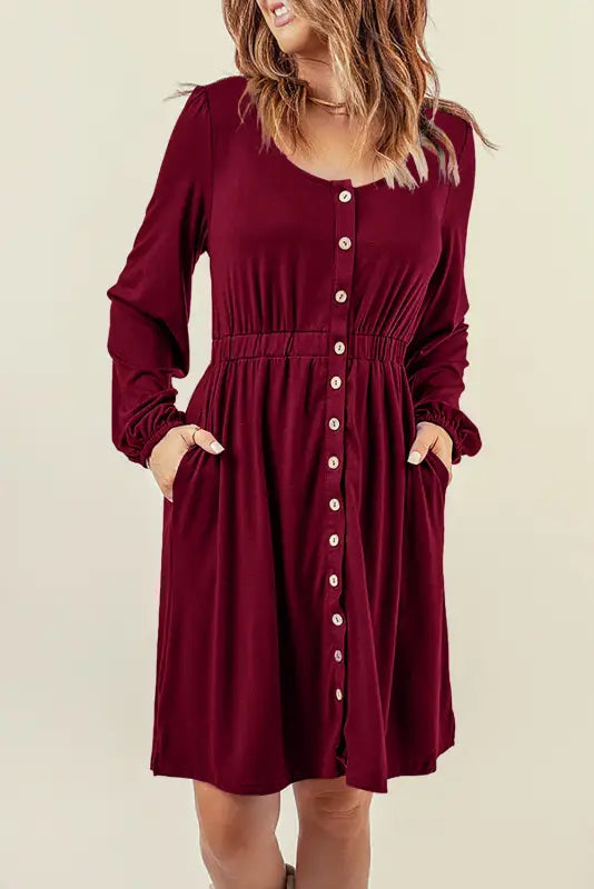 Red button up high waist long sleeve dress - midi dresses