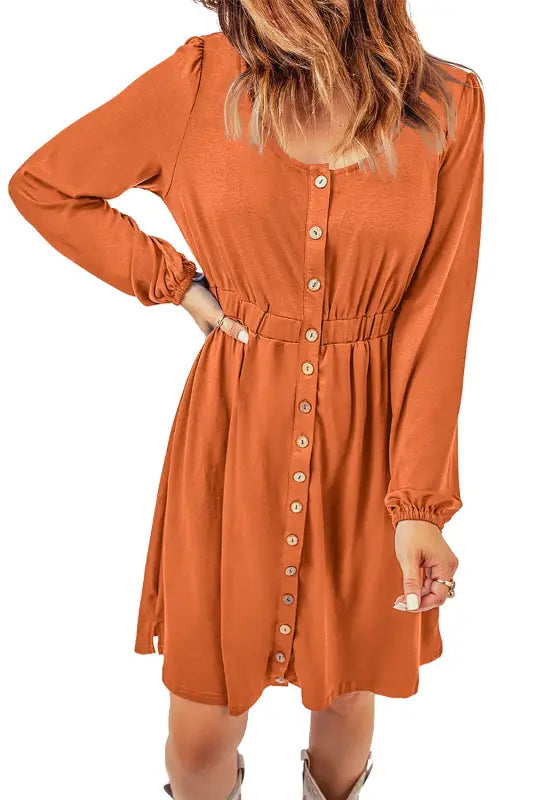 Red button up high waist long sleeve dress - midi dresses