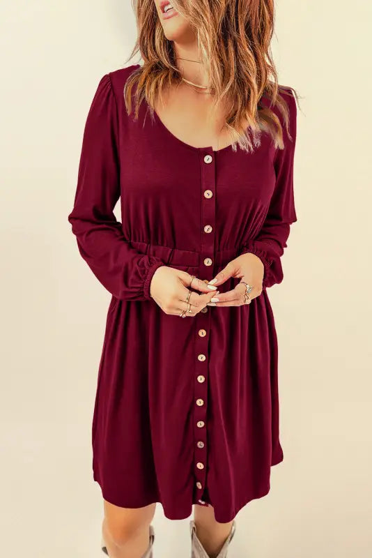 Red button up high waist long sleeve dress - midi dresses