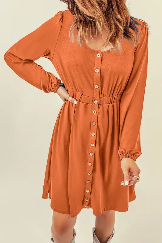 Red button up high waist long sleeve dress - midi dresses